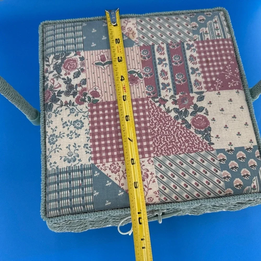 Vintage Wicker Blue Floral Tapestry Square Sewing Box Cottagecore